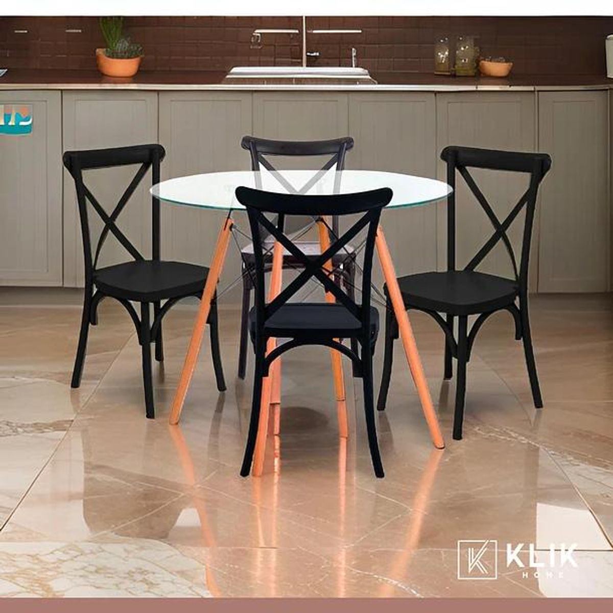 KLIK - Comedor Mesa Eames Vidrio 80cm + 4 Sillas Crossback Negras