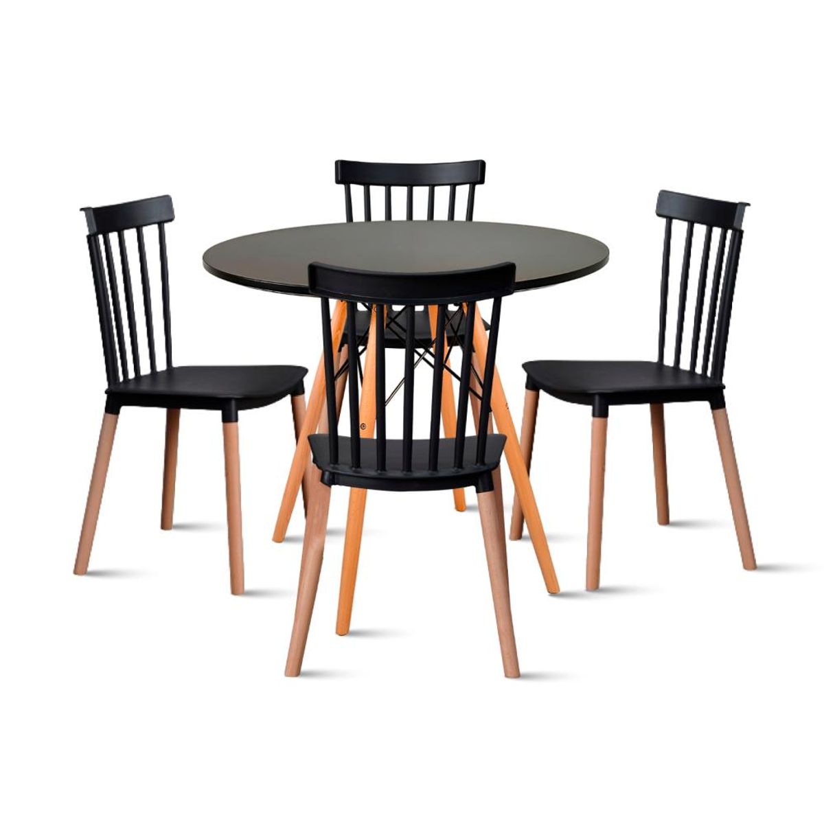 KLIK - Comedor Mesa Redonda Negra 80cm + 4 Sillas Windsor Negras KLIK