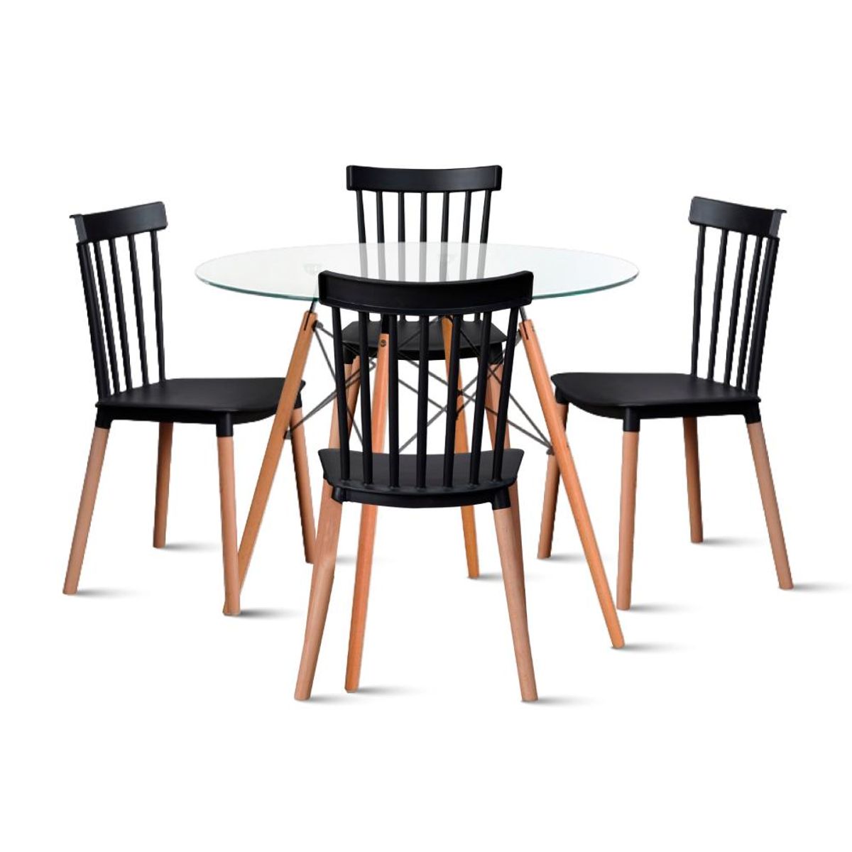 KLIK - Comedor Mesa Redonda Vidrio 80cm + 4 Sillas Windsor Negras KLIK