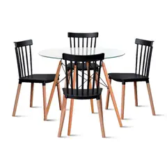 KLIK - Comedor Mesa Redonda Vidrio 80cm + 4 Sillas Windsor Negras