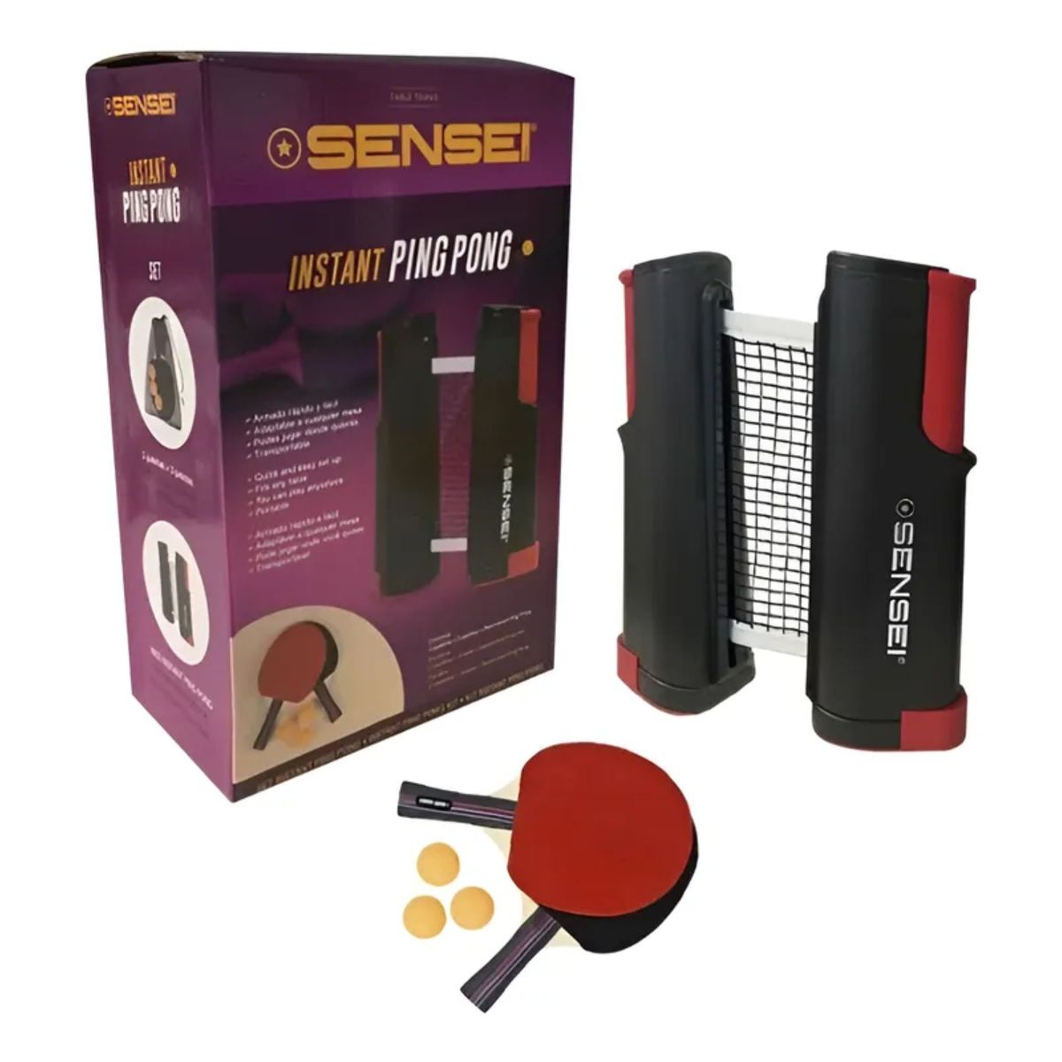 SENSEI - Set Ping Pong 2 Paletas+red Retráctil+3 Pelotas Sensei
