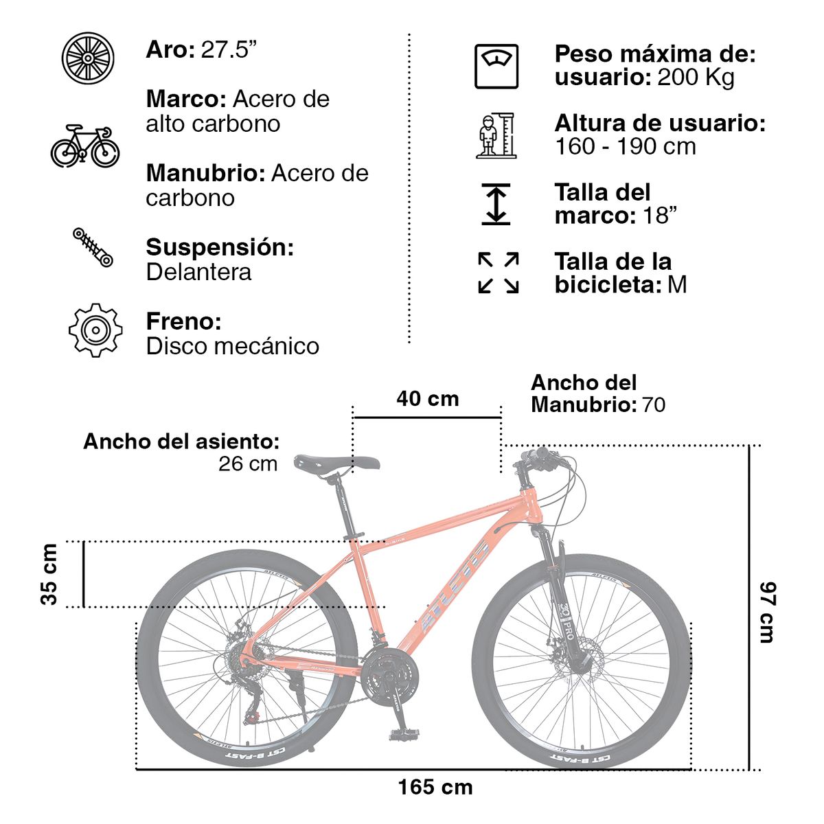ATLETIS - Bicicleta Mountain Bike Apex Aro 27,5" 21 Vel Hombre Naranja