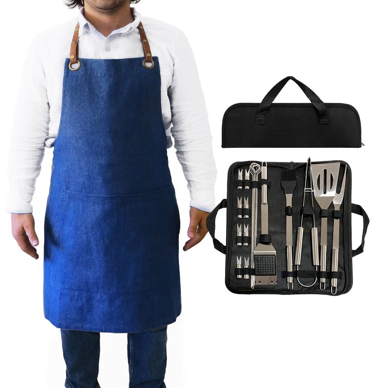 INDUSBORD - Pack Set Asado Parrilla 20 con Pechera Jeans Azul Asa Eco Cuero Kawi®