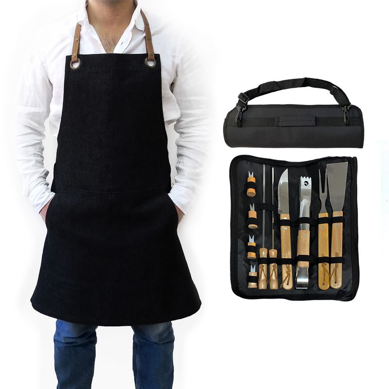 KAWI - Pack Set Asado Parrilla 10 con Pechera Jeans Negro Asa Eco Cuero Kawi®