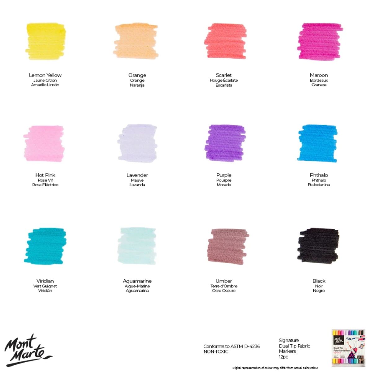 MONT MARTE - 12 rotuladores para tela doble punta Mont Marte