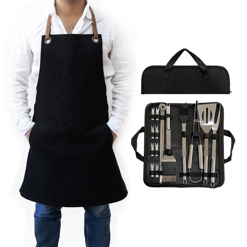 INDUSBORD - Pack Set Asado Parrilla 20 con Pechera Jeans Negro Asa Eco Cuero Kawi®