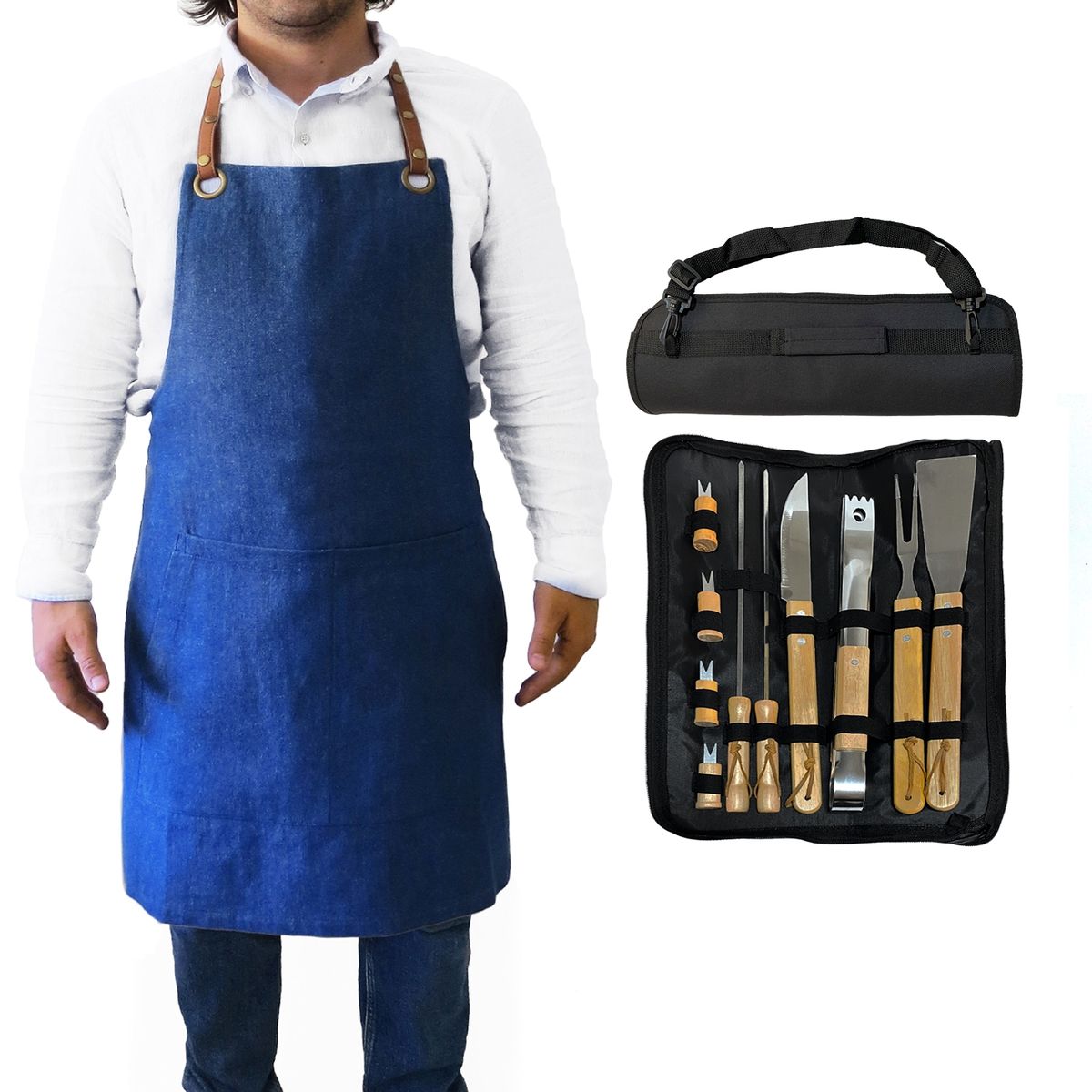 KAWI - Pack Set Asado Parrilla 10 con Pechera Jeans Azul Asa Eco Cuero Kawi®