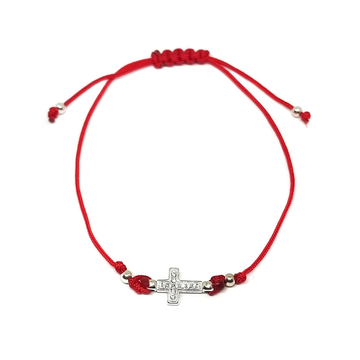 ANDREA COGGIOLA JOYAS - Pulsera Cruz Circón Blanco Plata Fina 925 Cordón Rojo