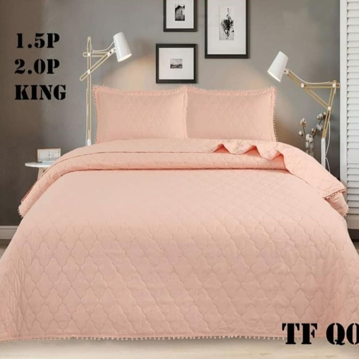 GENERICO - Cobertor Quilts de Verano / Cubrecamas con Pompones 2 plazas - Melon