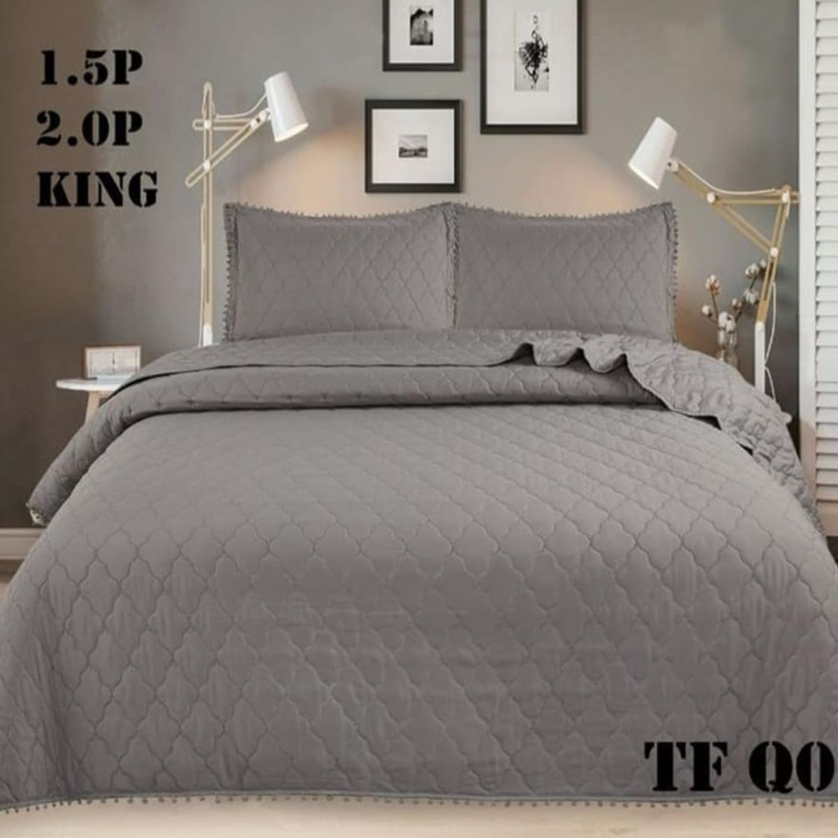 GENERICO - Cobertor Quilts de Verano / Cubrecamas con Pompones 2 plazas - Gris