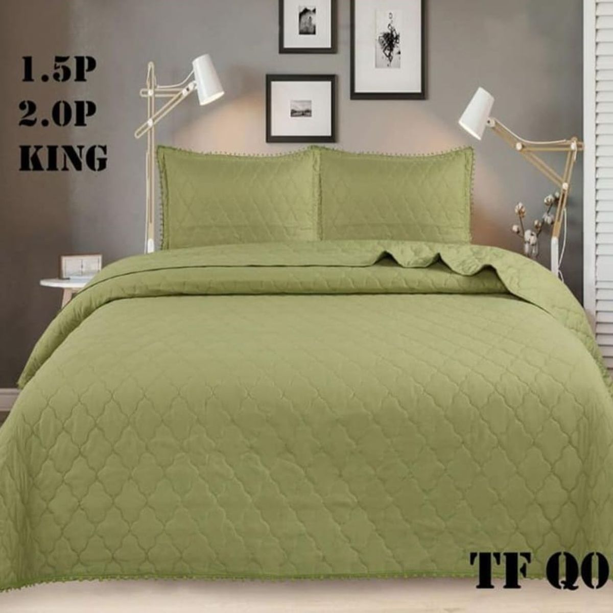 GENERICO - Cobertor Quilts de Verano / Cubrecamas con Pompones 2 plazas - Verde