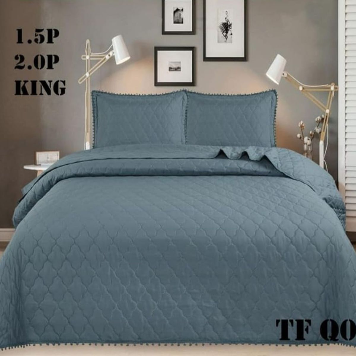 GENERICO - Cobertor Quilts de Verano / Cubrecamas con Pompones KING - Petroleo