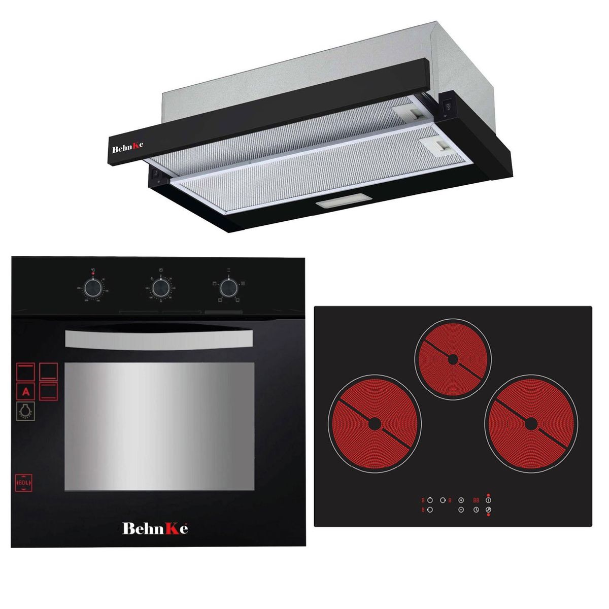 BEHNKE - Kit Empotrado Horno+Encimera Eléctrica 3 Platos+Campana