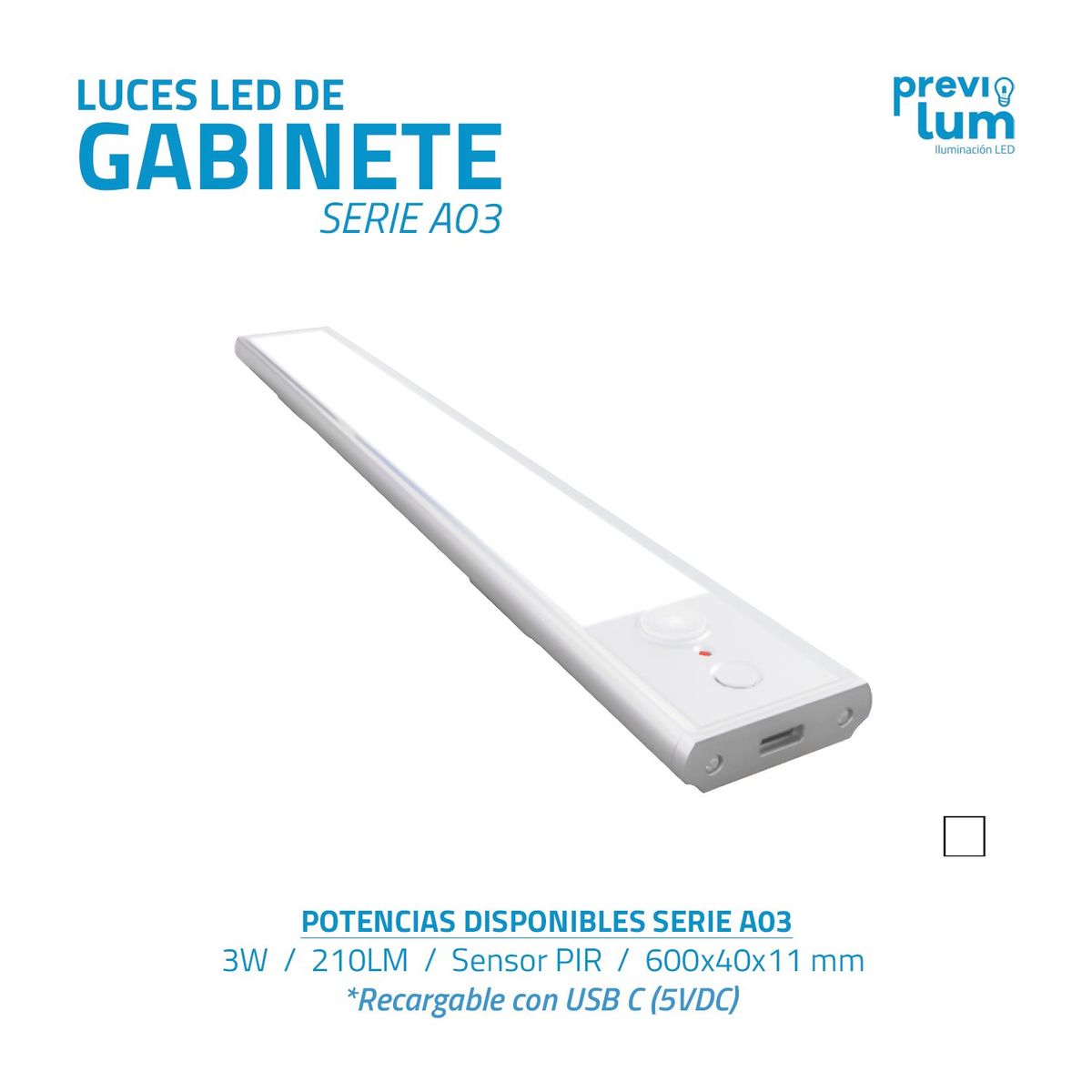 PREVILUM - LUZ DE GABINETE SENSOR DE MOVIMIENTO RECARGABLE 3 LUZ EN 1 60CM BLANCA