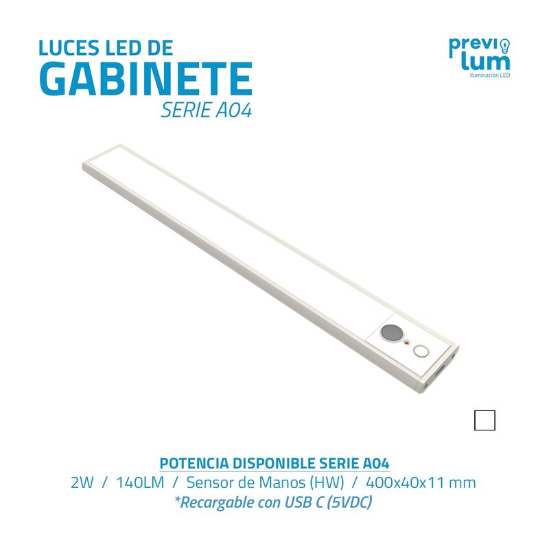 PREVILUM - LUZ LED DE GABINETE 40cm 3 LUZ EN 1 RECARGABLE BLANCA