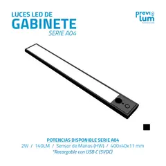 PREVILUM - LUZ DE GABINETE 40CM RECARGABLE USB-C 3 LUZ EN 1 NEGRA