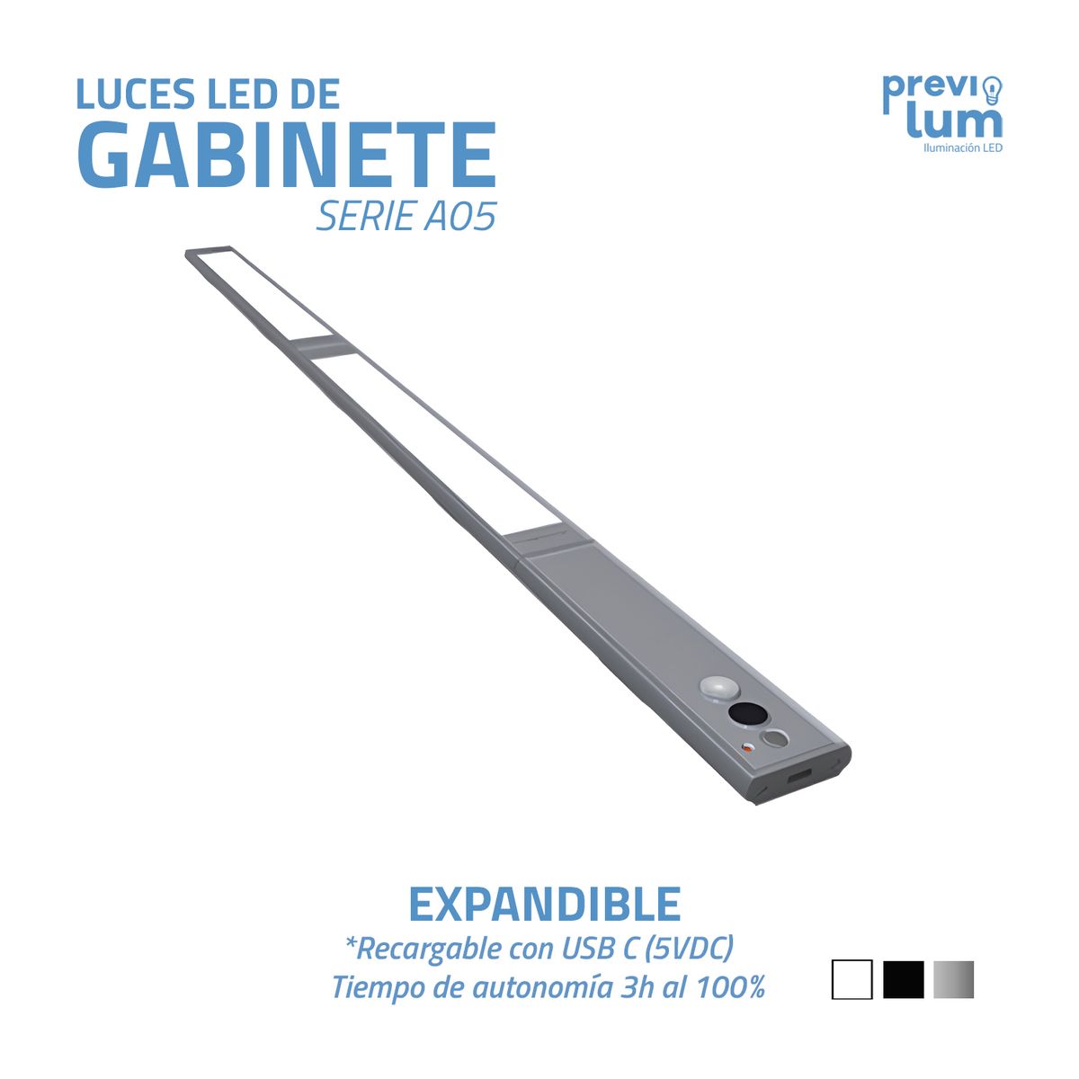 PREVILUM - LUZ DE GABINETE CON SENSOR + HAND WAVE RECARGABLE 3 EN 1