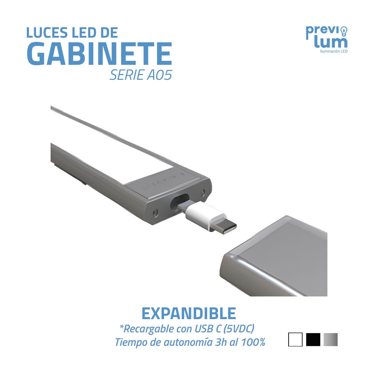 PREVILUM - LUZ DE GABINETE CON SENSOR + HAND WAVE RECARGABLE 3 EN 1