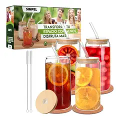 SIMPEL HOME - Set 4 Vasos De Vidrio Con Tapa Bambú Para Bebidas Cocteles
