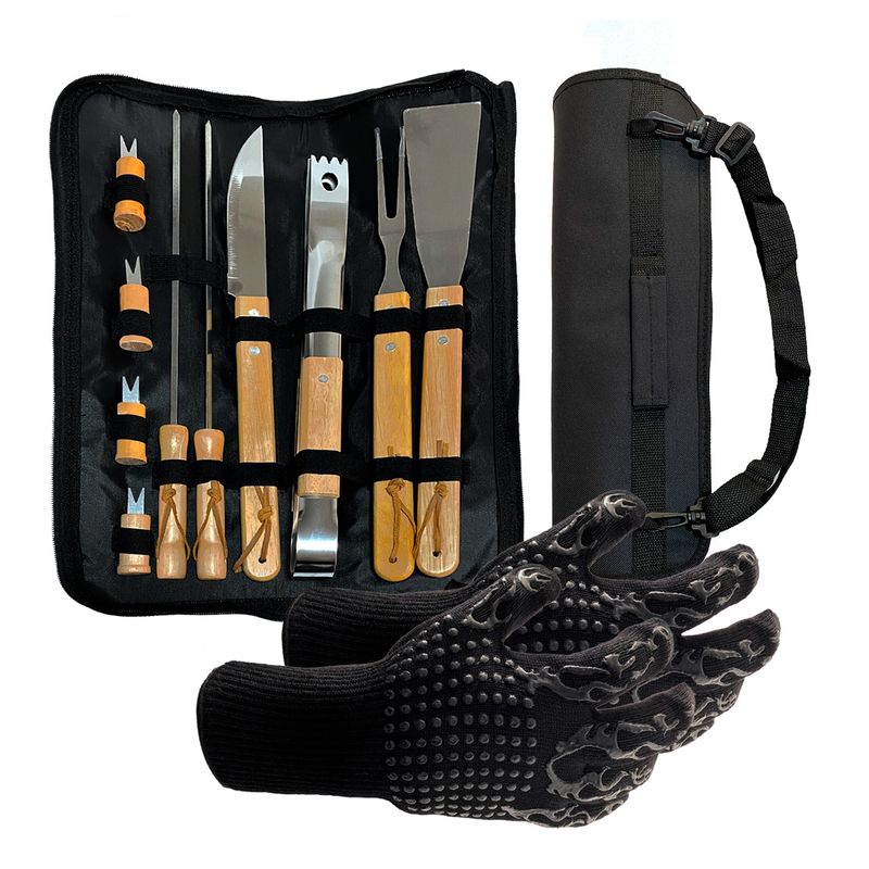 KAWI - Pack Set Asado Parrilla 10 Uds con 2 Guantes Alta Temperatura Kawi®