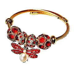 VIVAFELICIA - Pulsera Acero Libélula Dorado Rojo