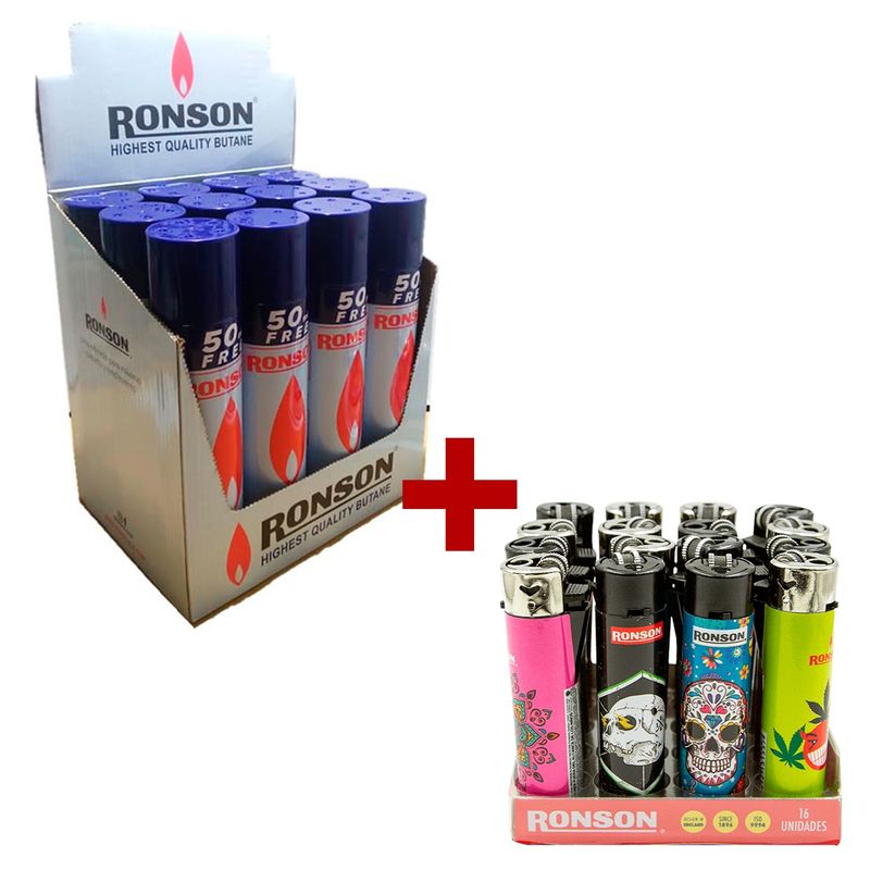 RONSON - Pack Gas Butano Encendedor Ronson x12 un + Caja Clipper Round