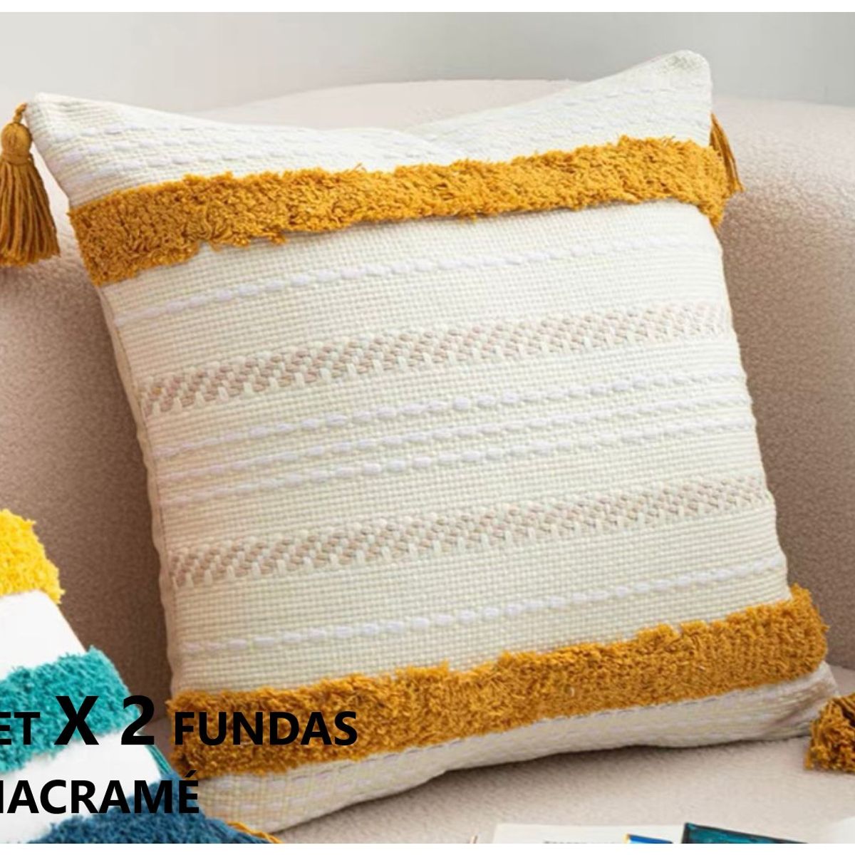 COMPRAPO - Set X 2 Fundas para Cojín Boho Macramé Crudo y Mostaza 45x45 cm