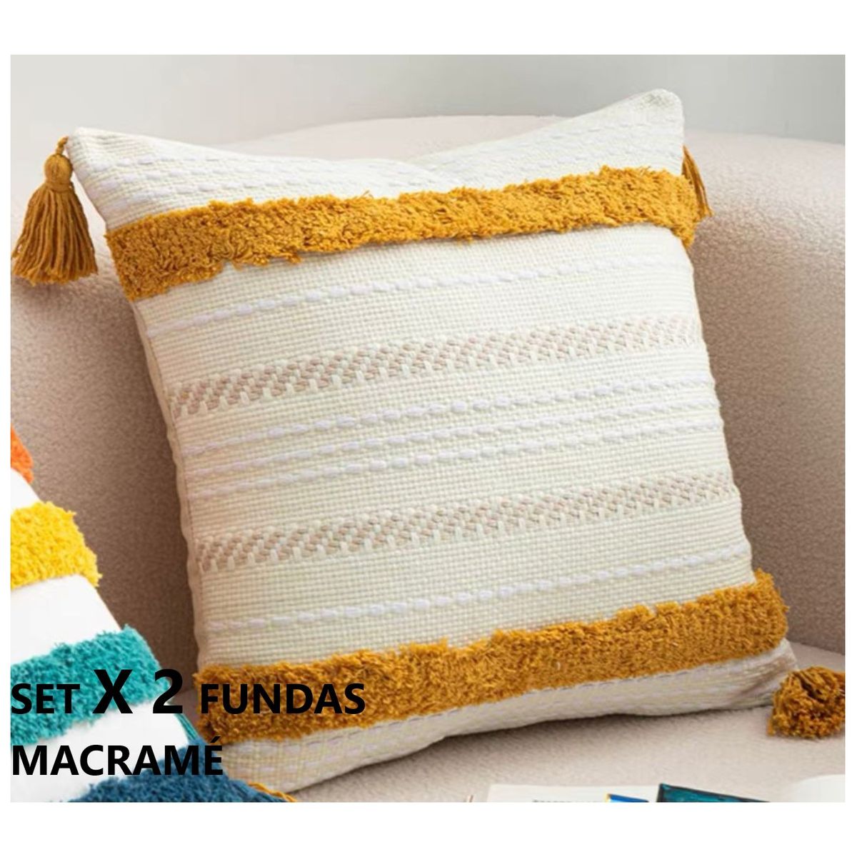 COMPRAPO - Set X 2 Fundas para Cojín Boho Macramé Crudo y Mostaza 45x45 cm