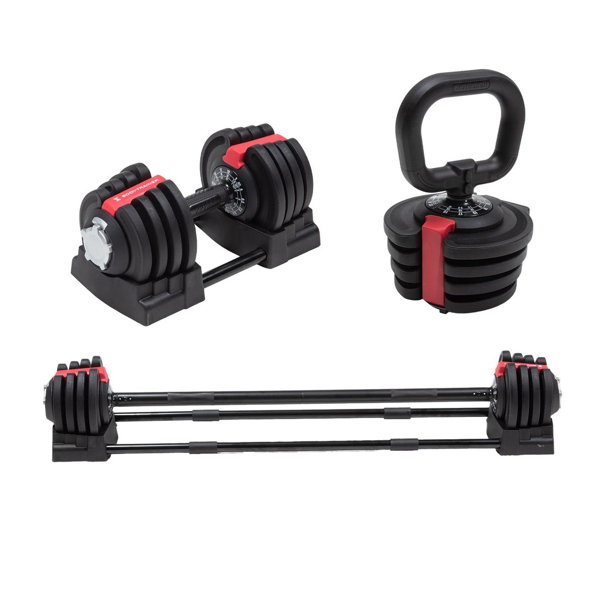 BODYTRAINER - Set 3 en 1 Bodytrainer Barra Mancuerna Kettlebell Ajustable