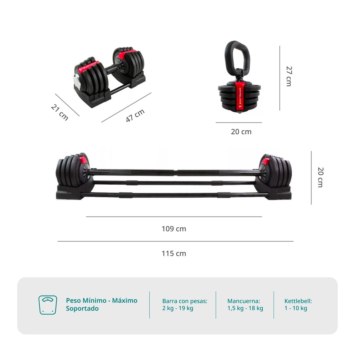BODYTRAINER - Set 3 en 1 Bodytrainer Barra Mancuerna Kettlebell Ajustable