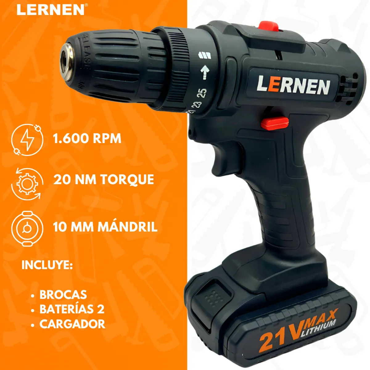 LERNEN - Taladro Destornillador Inalámbrico 21v 2 Baterías