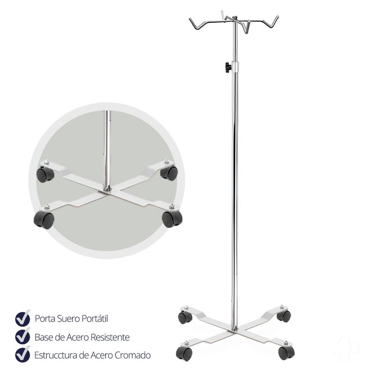 Porta Suero Pedestal 4 Ganchos 4 Ruedas