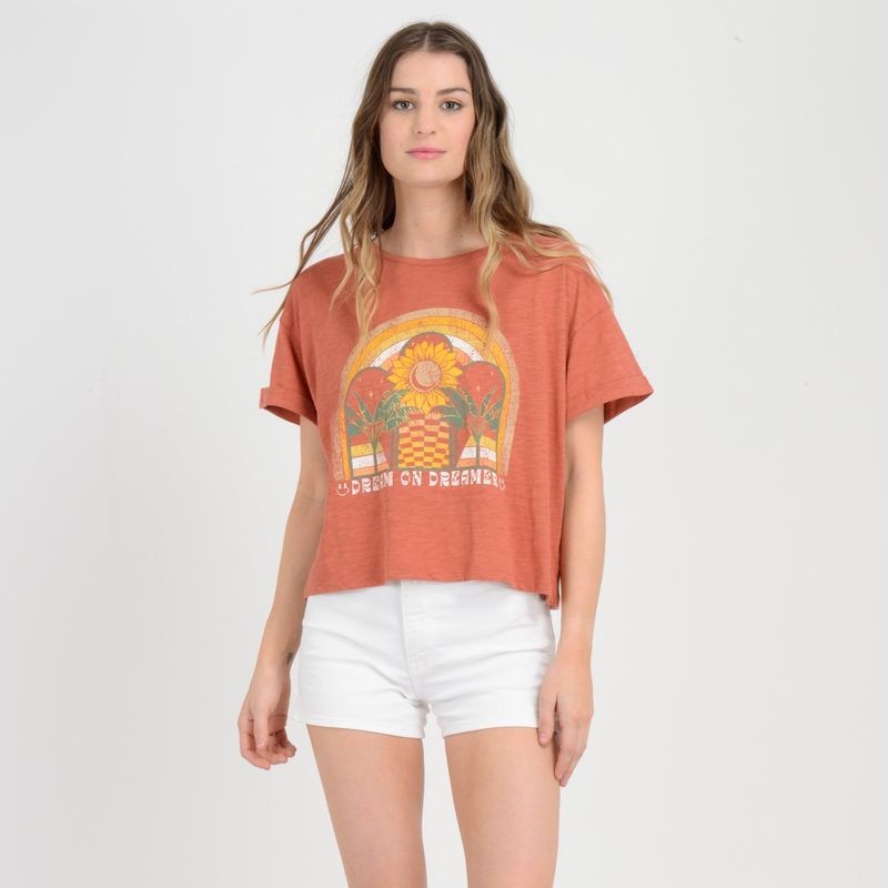 O'NEILL - POLERA MANGA CORTA FLOWER  CAFÉ COBRE