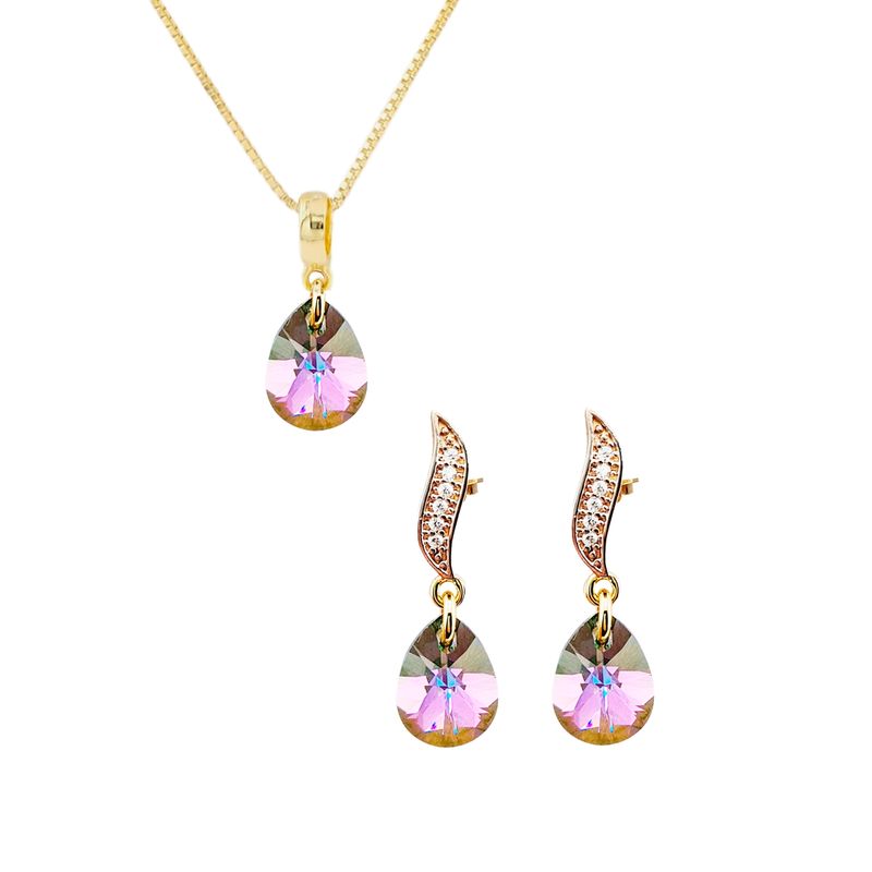 JOYAS MONTERO - Aros  Collar Conjunto Encanto Gold Cristales Genuinos Paradise Shine