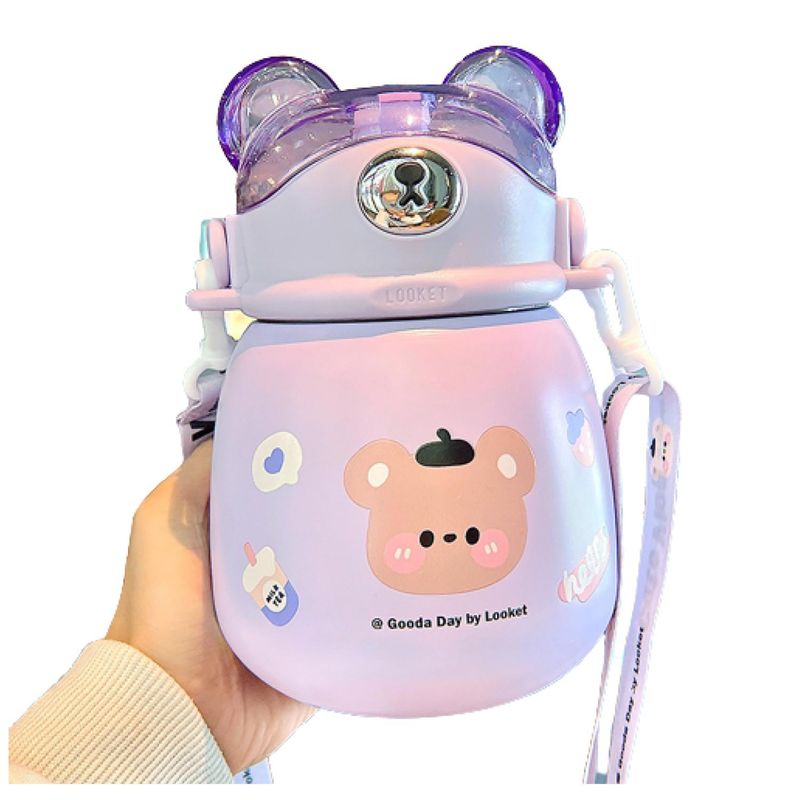 GENERICO - Termo Con Bombilla 300ml Morado Osito 3D