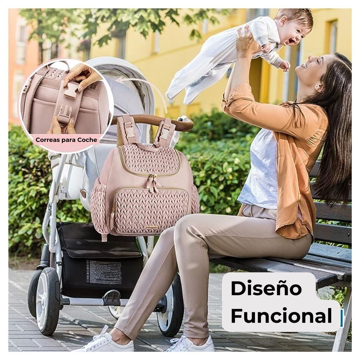 MOMMORE - Mommore Mochila Pañalera con bolsillos aislados y cambiador- Rosa