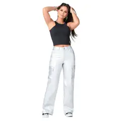 TRUCCOS JEANS - Jean Wide Leg Tiro Alto Cargo Metalizado Gris Claro T22020487
