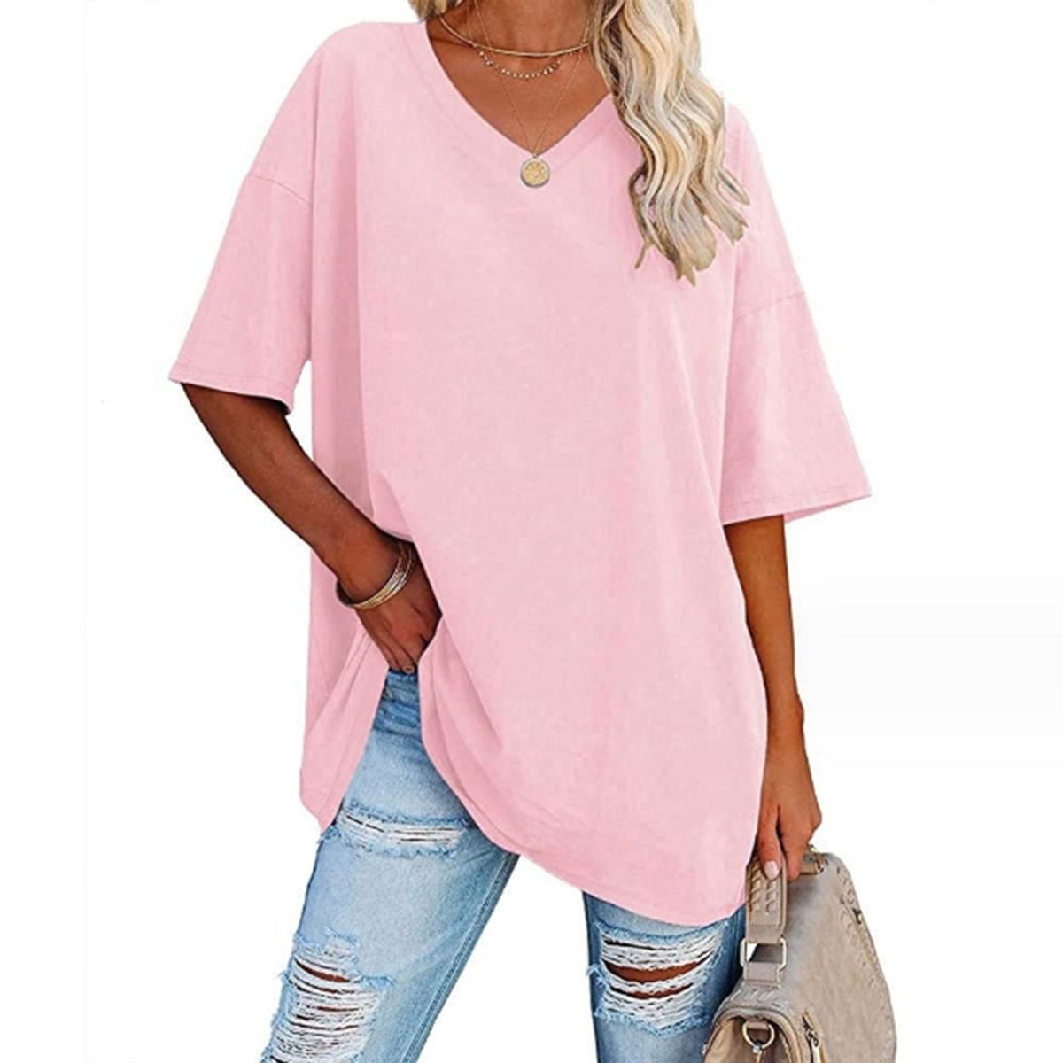 VENUS MIA - Polera manga corta de cuello V suelto en primavera y verano - Rosa