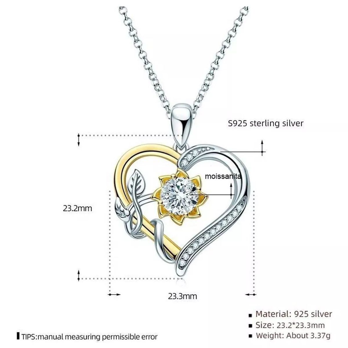 KUANGYE - Collar Bañado en plata Corazon Girasol Bañado en oro