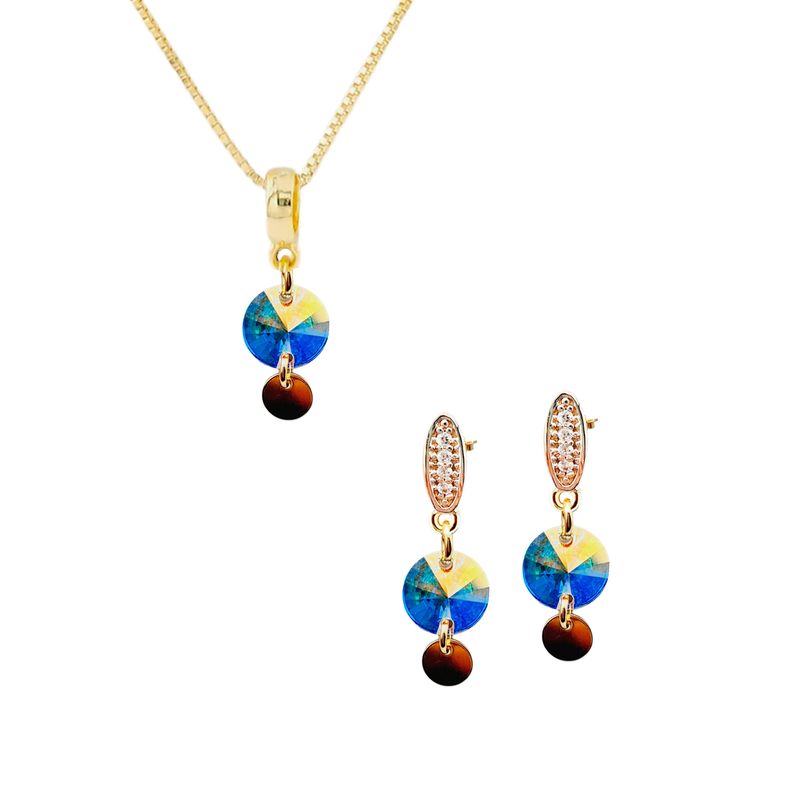 JOYAS MONTERO - Aros  Collar Conjunto Sol Gold Cristales Genuinos Aurora Boreal