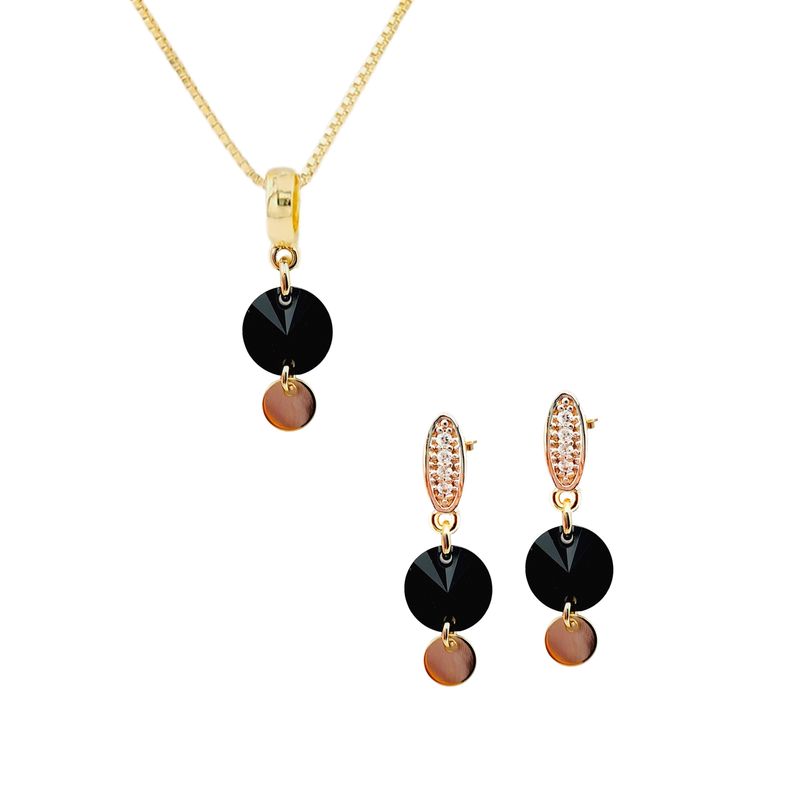 JOYAS MONTERO - Aros  Collar Conjunto Sol Gold Cristales Genuinos Jet.-
