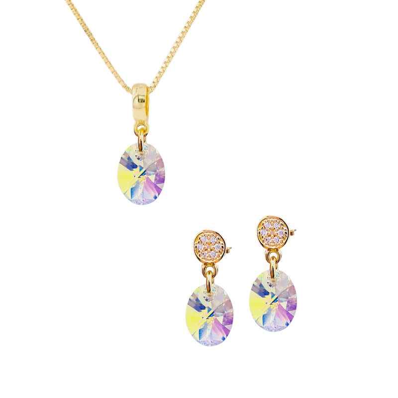 JOYAS MONTERO - Aros  Collar Conjunto Praga Gold Cristales Genuinos Aurora Boreal