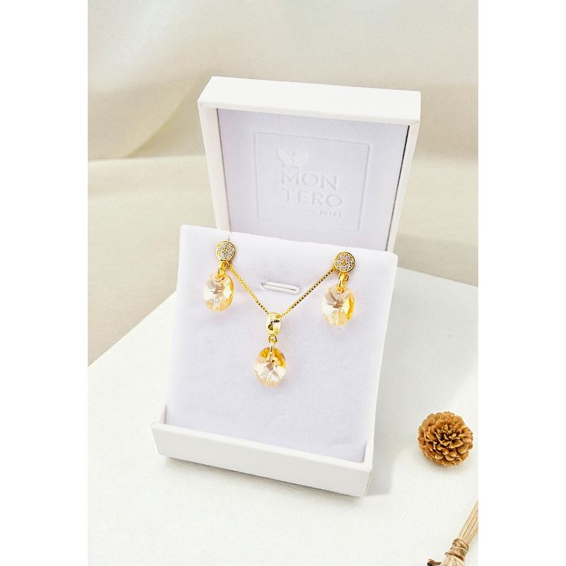JOYAS MONTERO - Aros + Collar Conjunto Praga Gold Cristal Genuino Golden Shadow