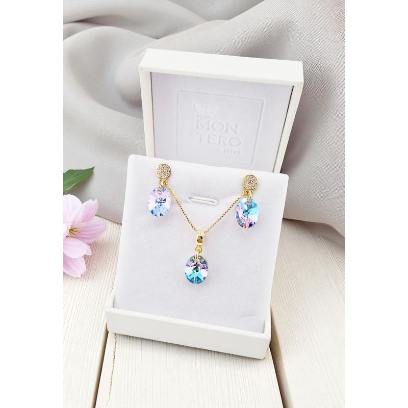 JOYAS MONTERO - Aros + Collar Conjunto Praga Gold Cristal Genuino Vitral Light