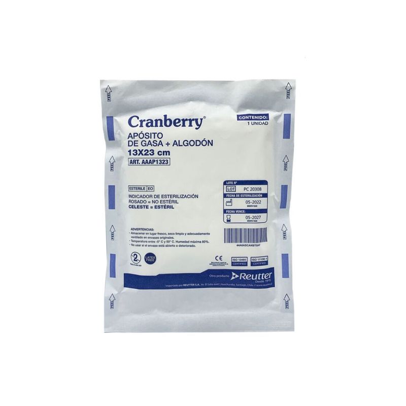 CRANBERRY - APÓSITO DE GASA + ALGODÓN 13 X 23 CMS