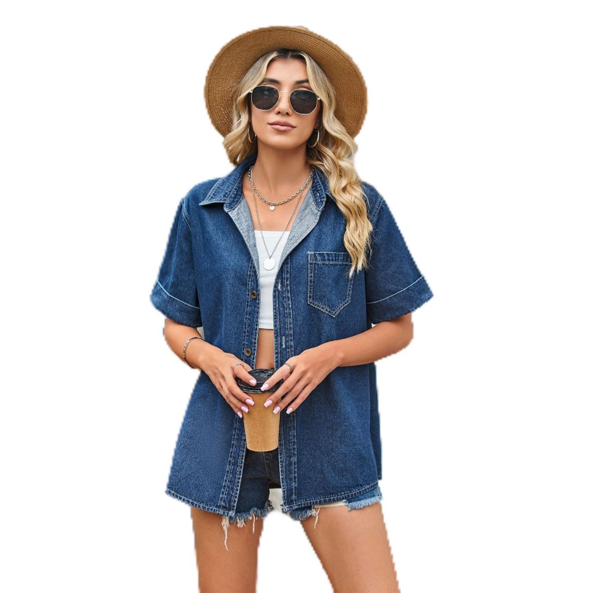 SIMPLEE - Blusa Mujer Algodón Manga Corta Moda-Azul Marino