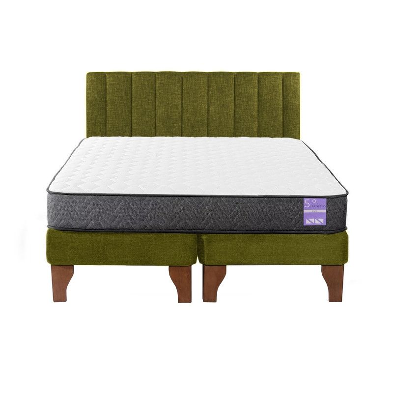 5 SUEÑO - Cama Europea 2 Plazas + Respaldo Tubular Madera Verde