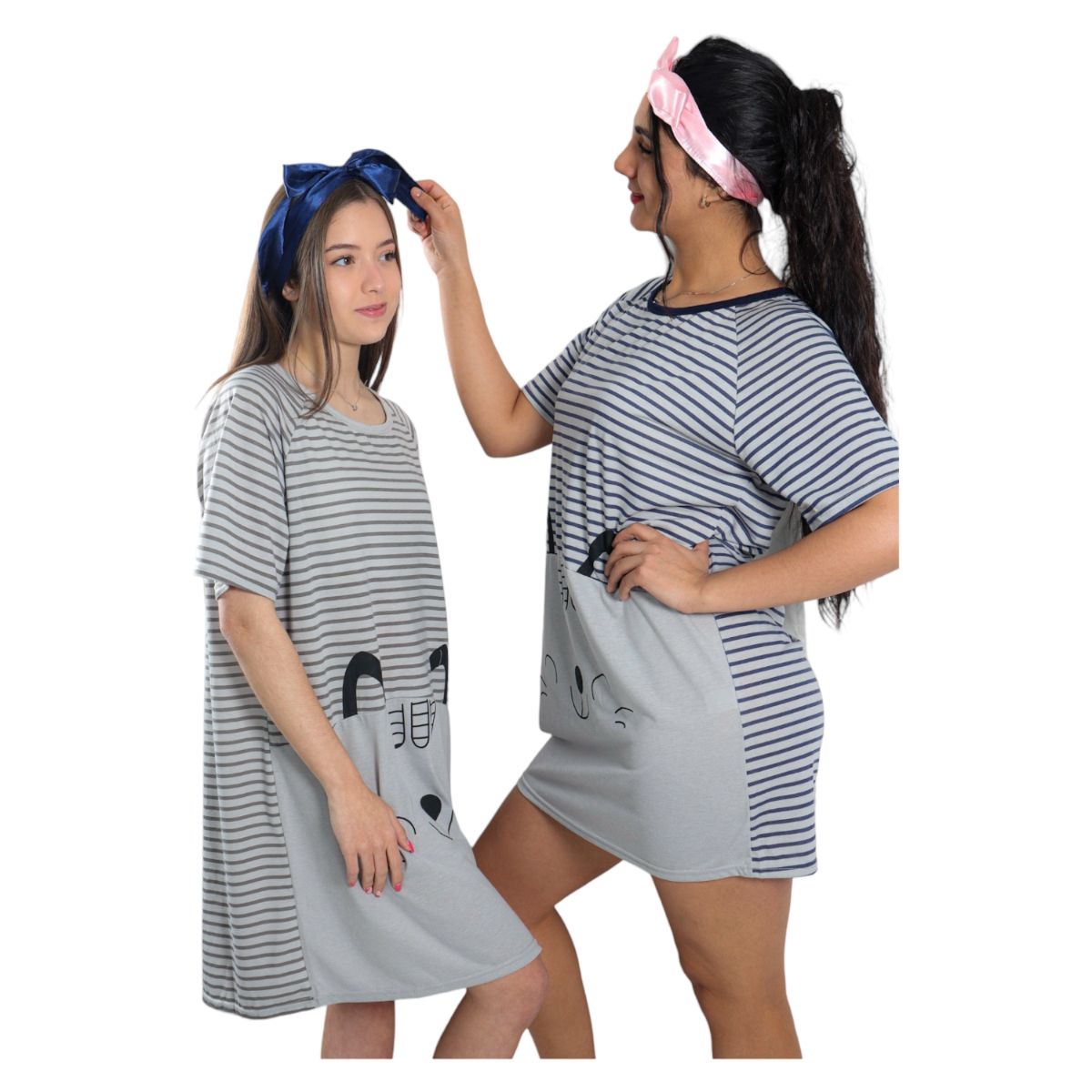 MEDIA LUNA - Pijama Camisola Mujer Manga Corta Diseño Gatito a Rayas