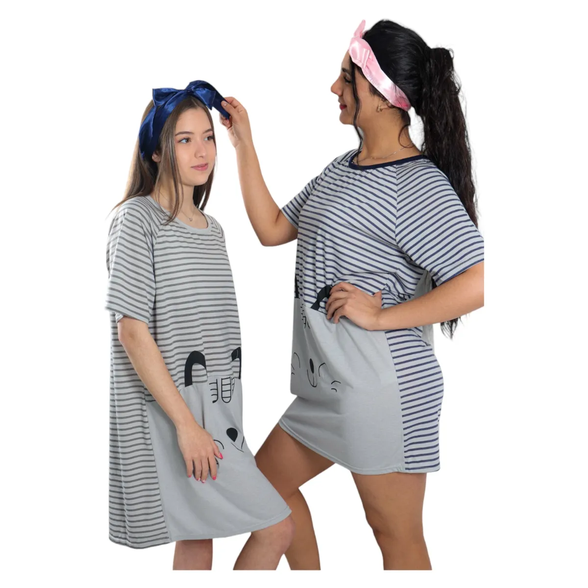 MEDIA LUNA - Pijama Camisola Mujer Manga Corta Diseño Gatito a Rayas