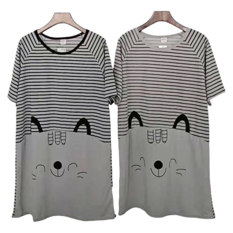 MEDIA LUNA - Pijama Camisola Mujer Manga Corta Diseño Gatito a Rayas